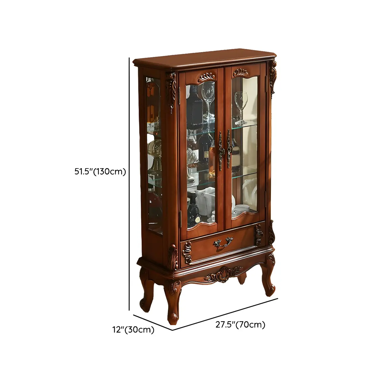 Traditional Wooden Brown Display Cabinet with Glass Doors #size