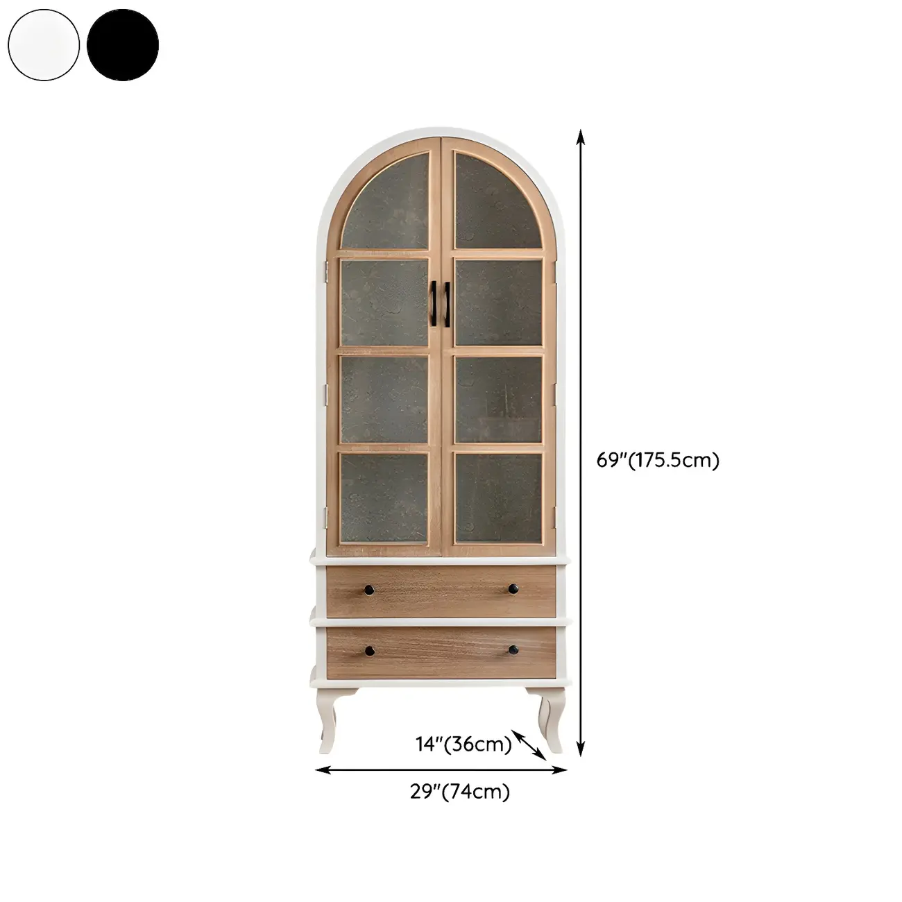 Arched Light Wood Glass Door Display Cabinet with Drawers #size