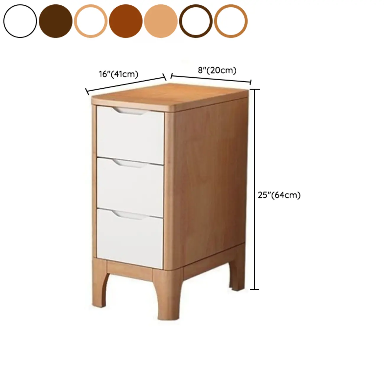 Natural Wooden Narrow Corner Bedside Table with 3 Drawers #size