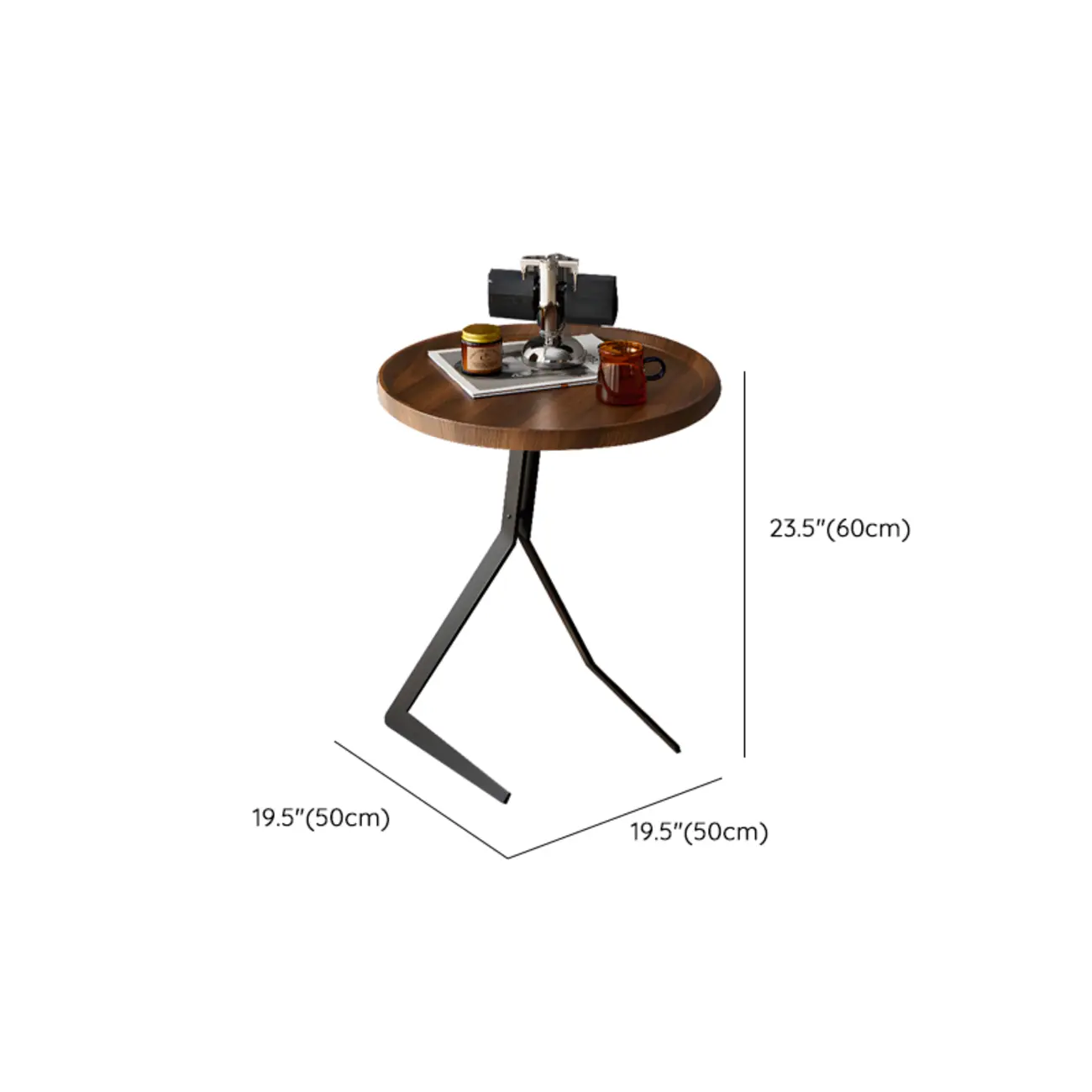 C-Shpaed Brown Wood Round Side Table with Metal Legs #size