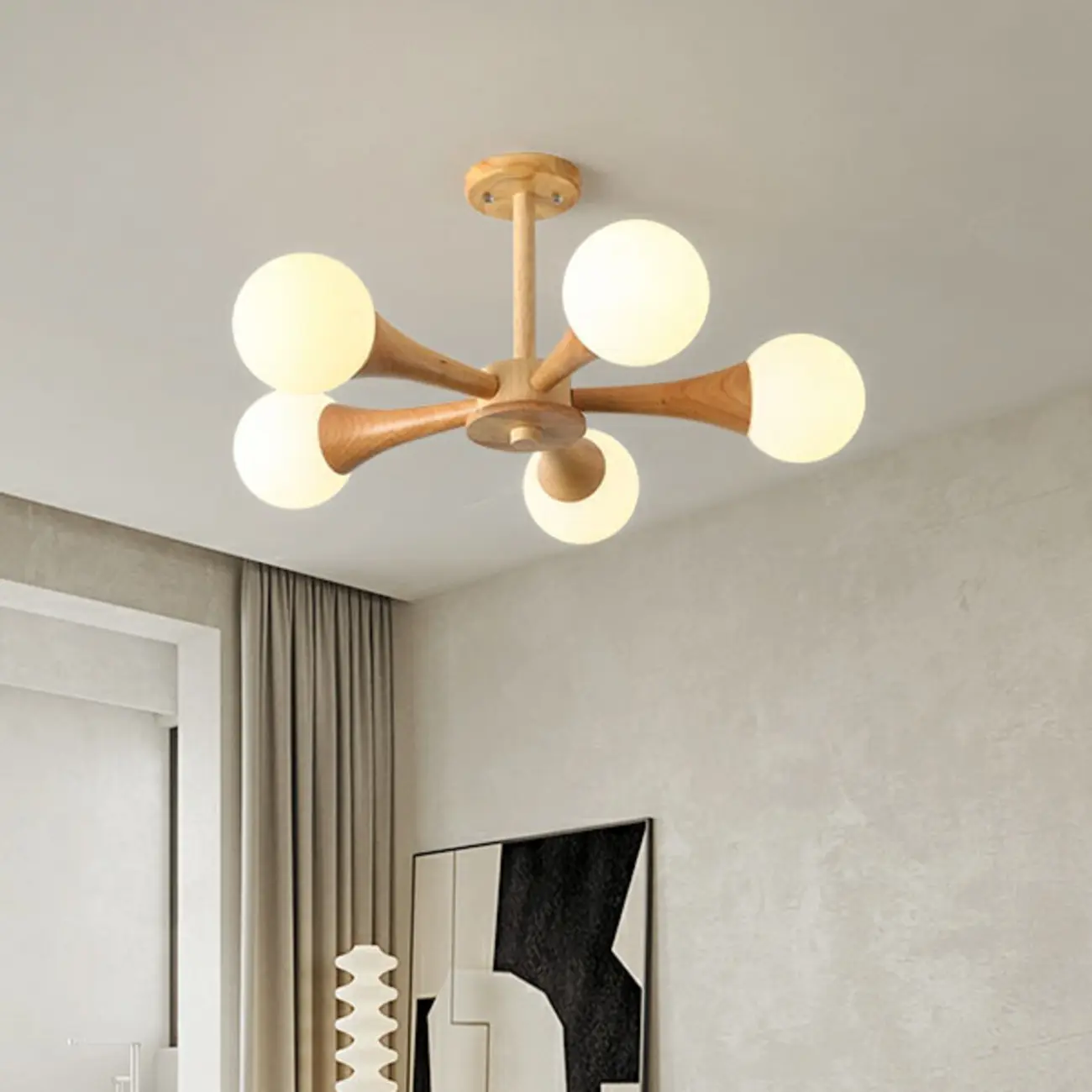 Elegant Wood Flush Mount Chandelier with 5 Lights for Bedroom Image - 1 | homeyfad