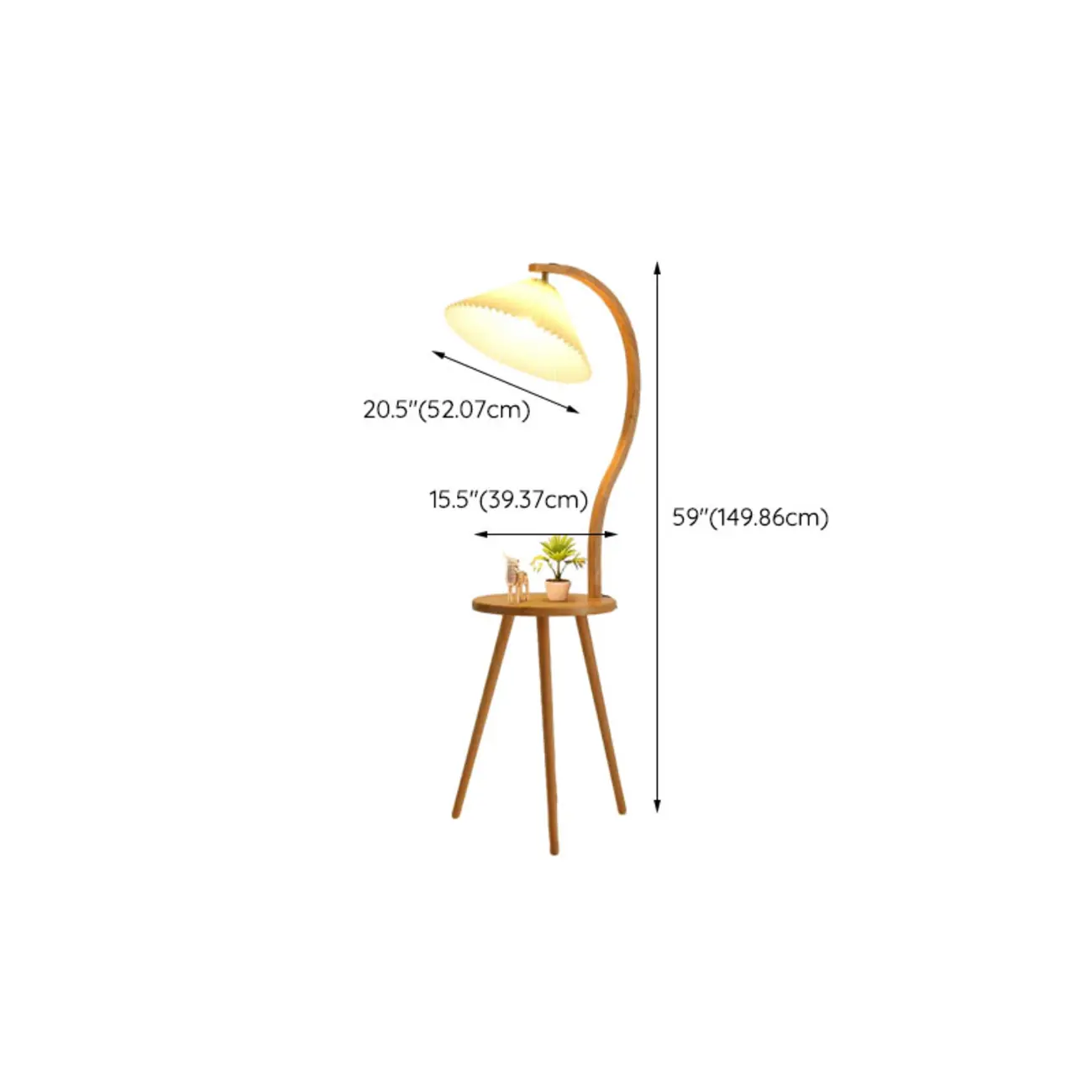 Natural Wooden Arc Floor Lamp with Beige Fabric Shade and Tripod Shelf  #size