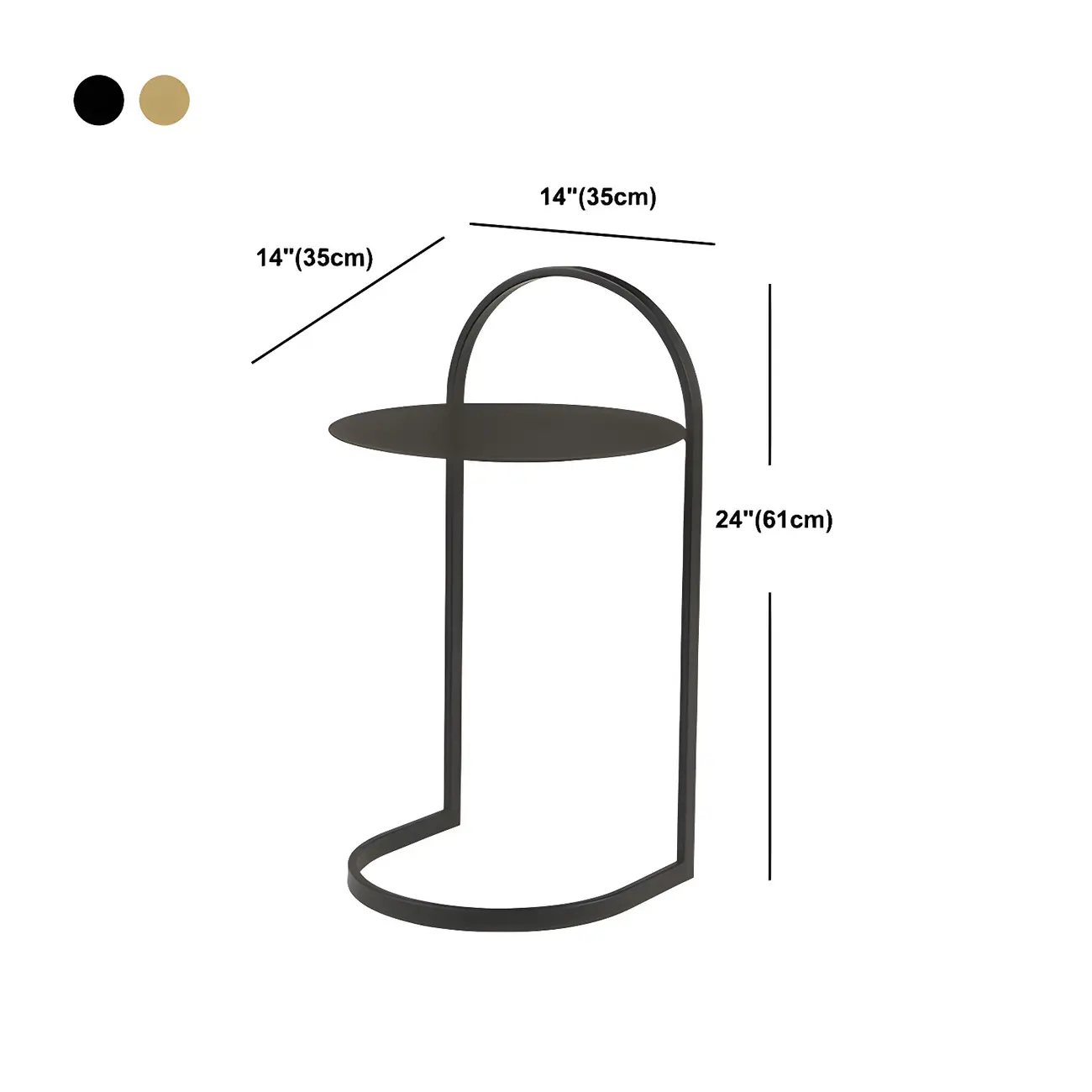 Simple Round Metal Bedside Table in Black with Shelf  #size