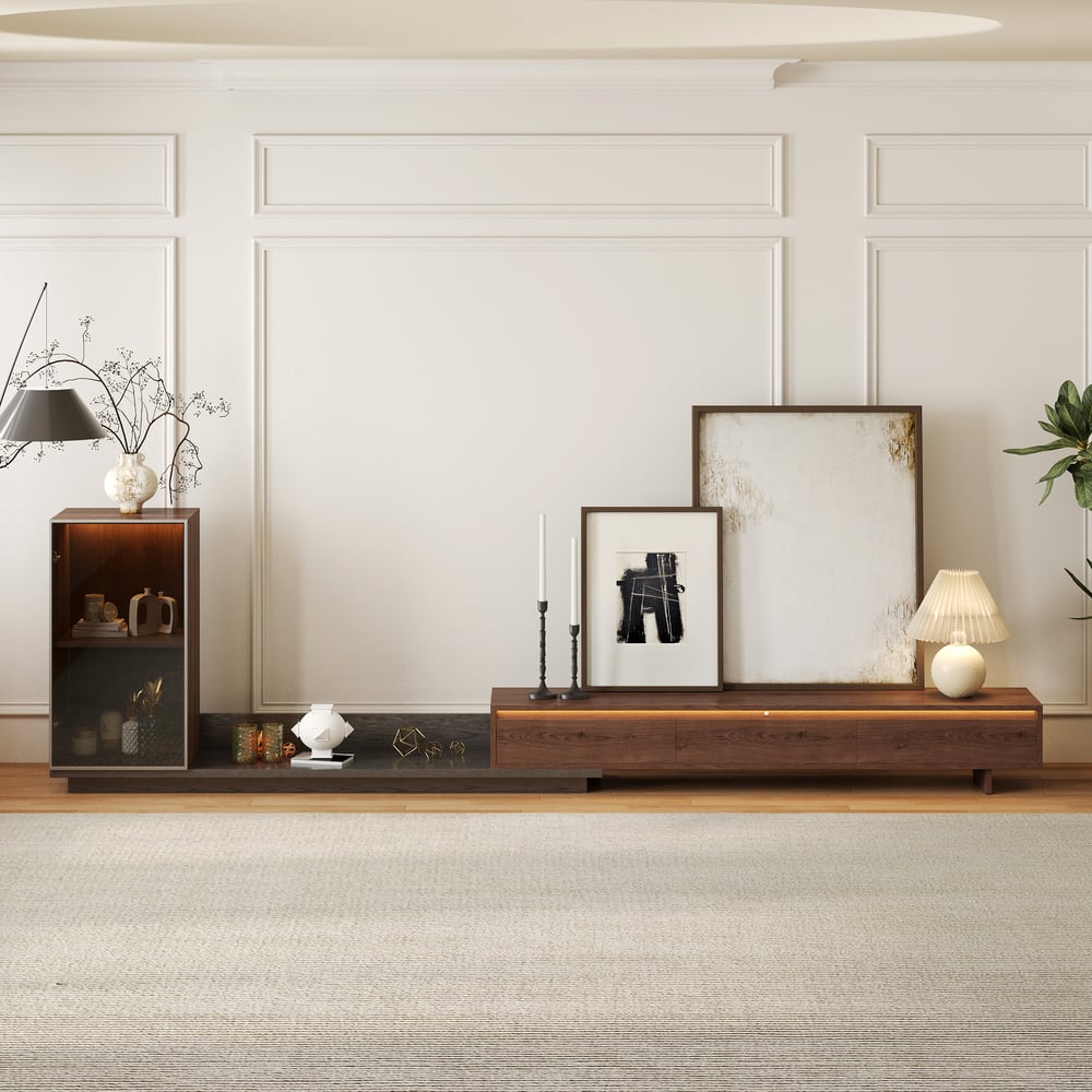 Mid-Century Walnut Extendable Wooden TV Stand with Drawers | homeyfad