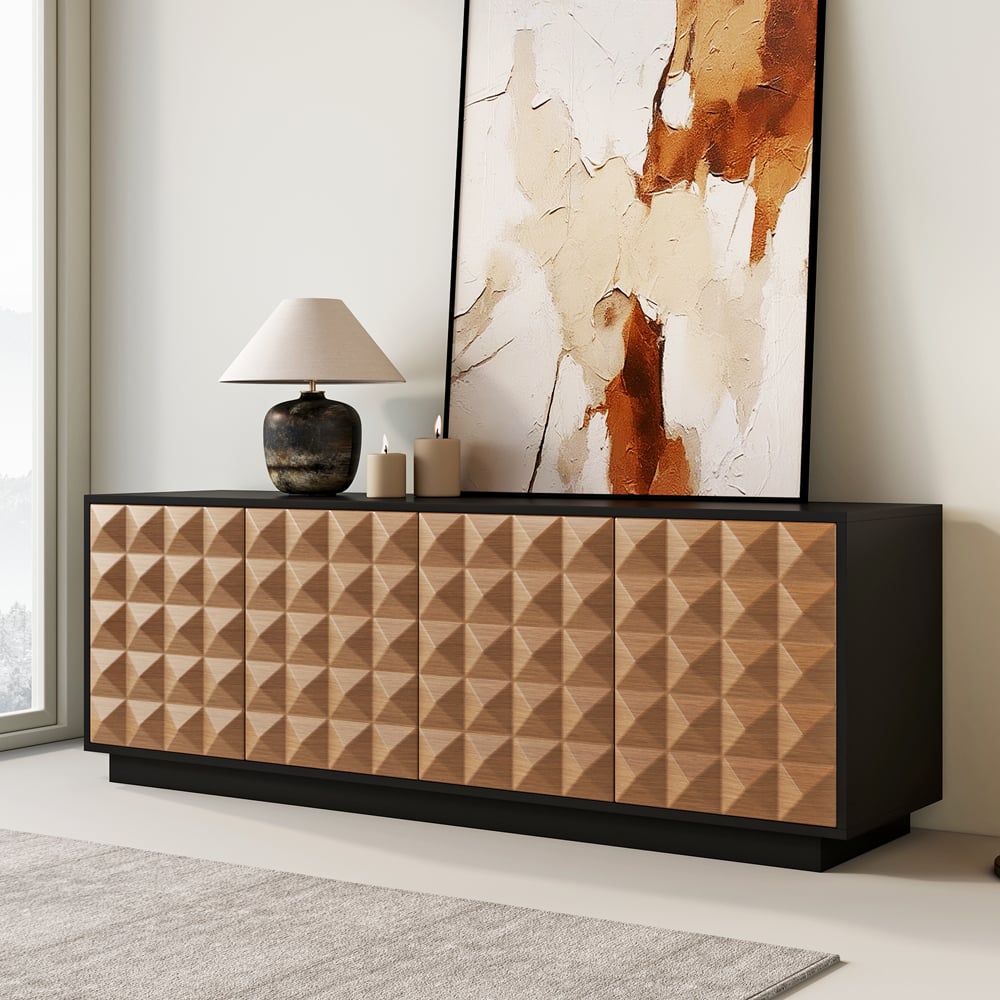 Black & Natural Wooden Fluted Doors TV Stand for 75 Inch TV | homeyfad