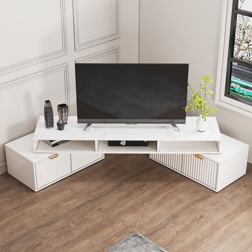 Modern White 2-Drawer Open Storage Corner TV Stand | homeyfad