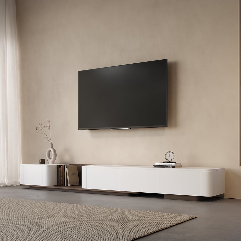 Extendable Modern Wooden White TV cabinet with Drawers | homeyfad