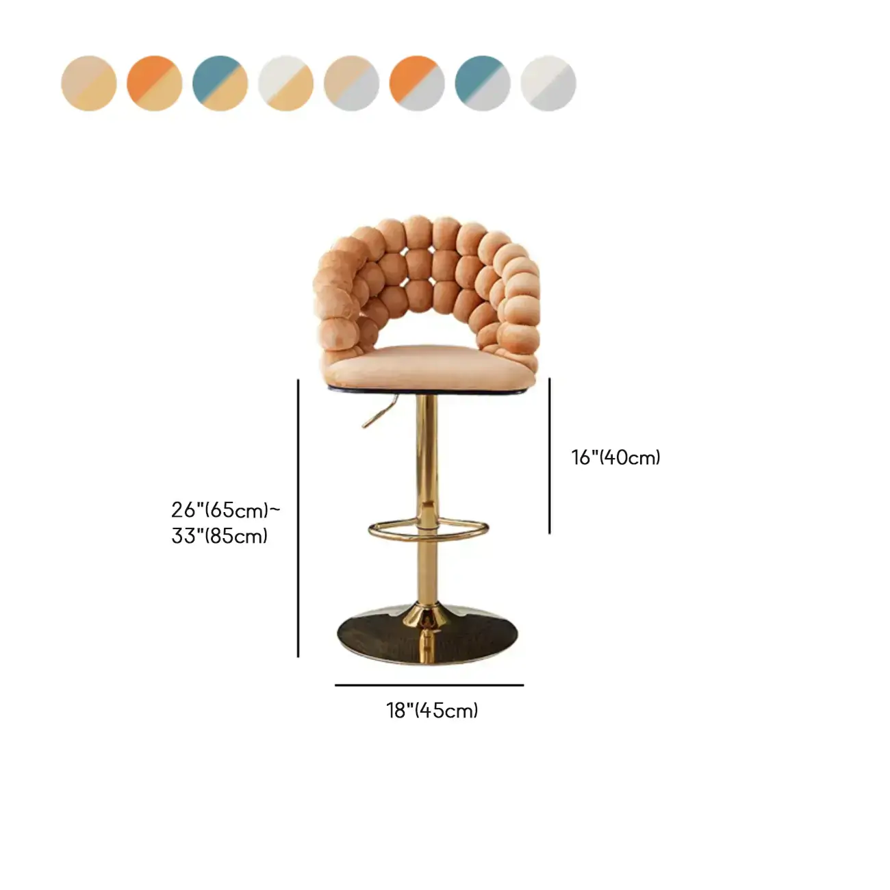 Glam Swivel Saddle Fabric Adjustable Height Bar Stool with Arms #size