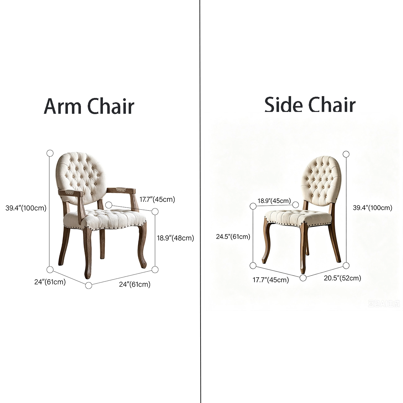 French Country Tufted Solid Wood Dining Chairs With Linen-blend Upholstery #size