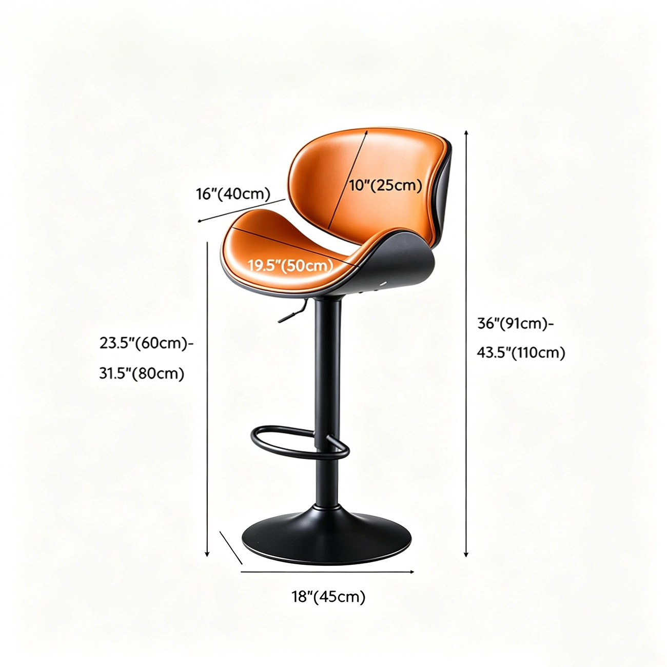 Modern Saddle Swivel Genuine Leather Pedestal Bar Stool #size