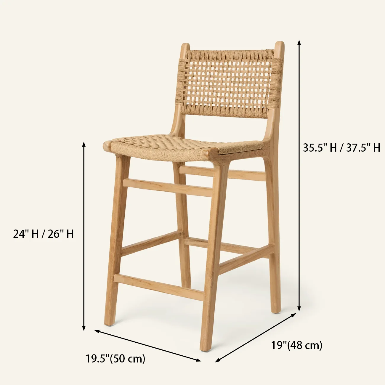 Scandinavian Solid Wood Counter Stool Woven Cord Backrest #size