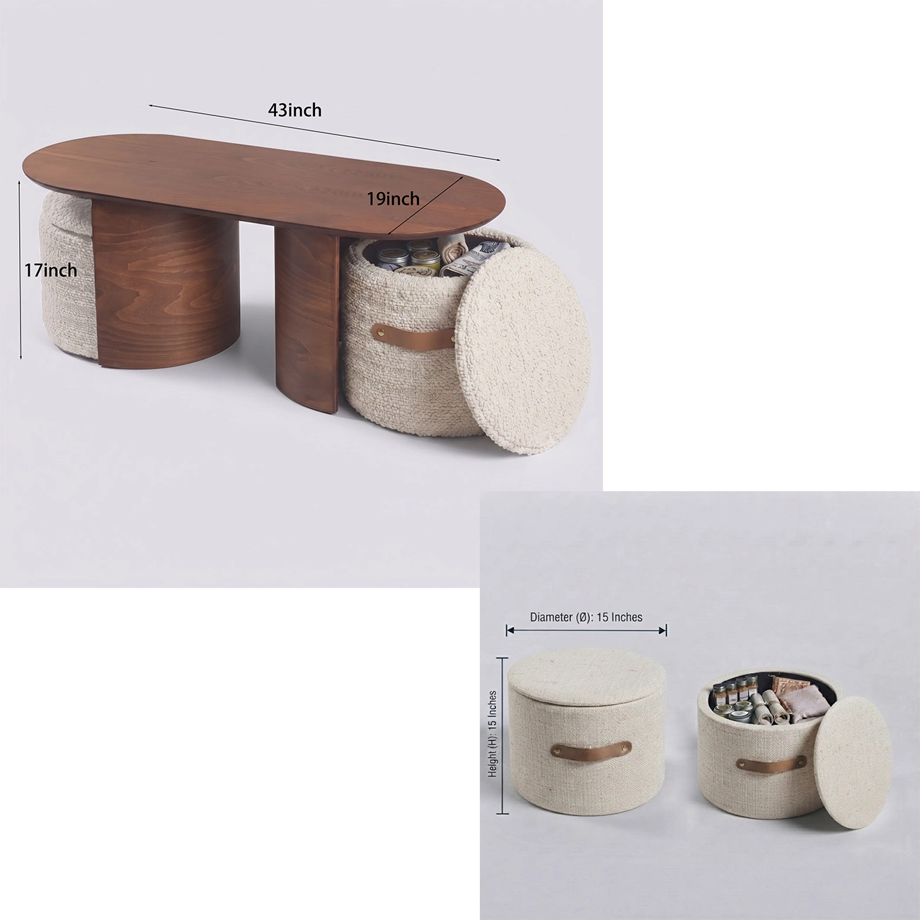 Modern Oval Wood Nesting Coffee Table With Hidden Storage #size