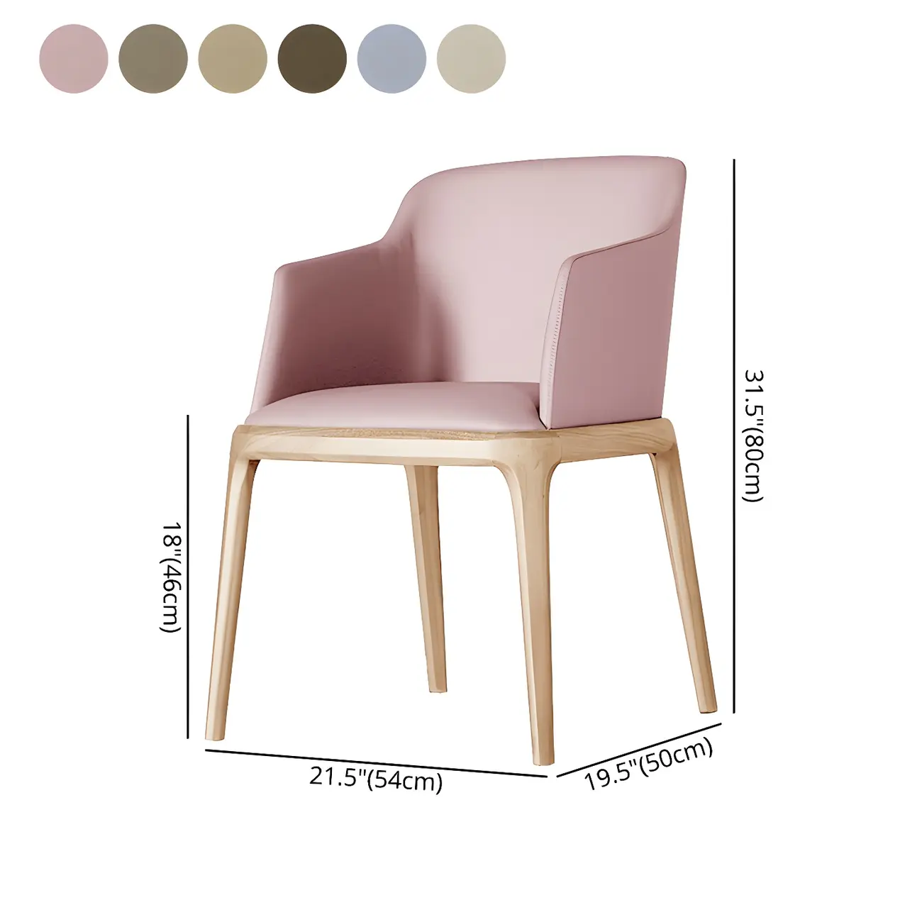 Khaki Leather Wood Legs Armrest Dining Chair #size