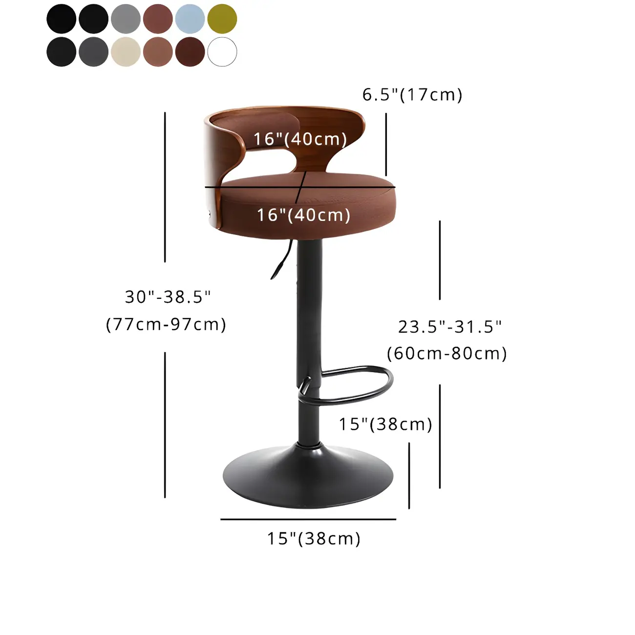 Adjustable Round Leather Swivel Bar Stools with Back #size