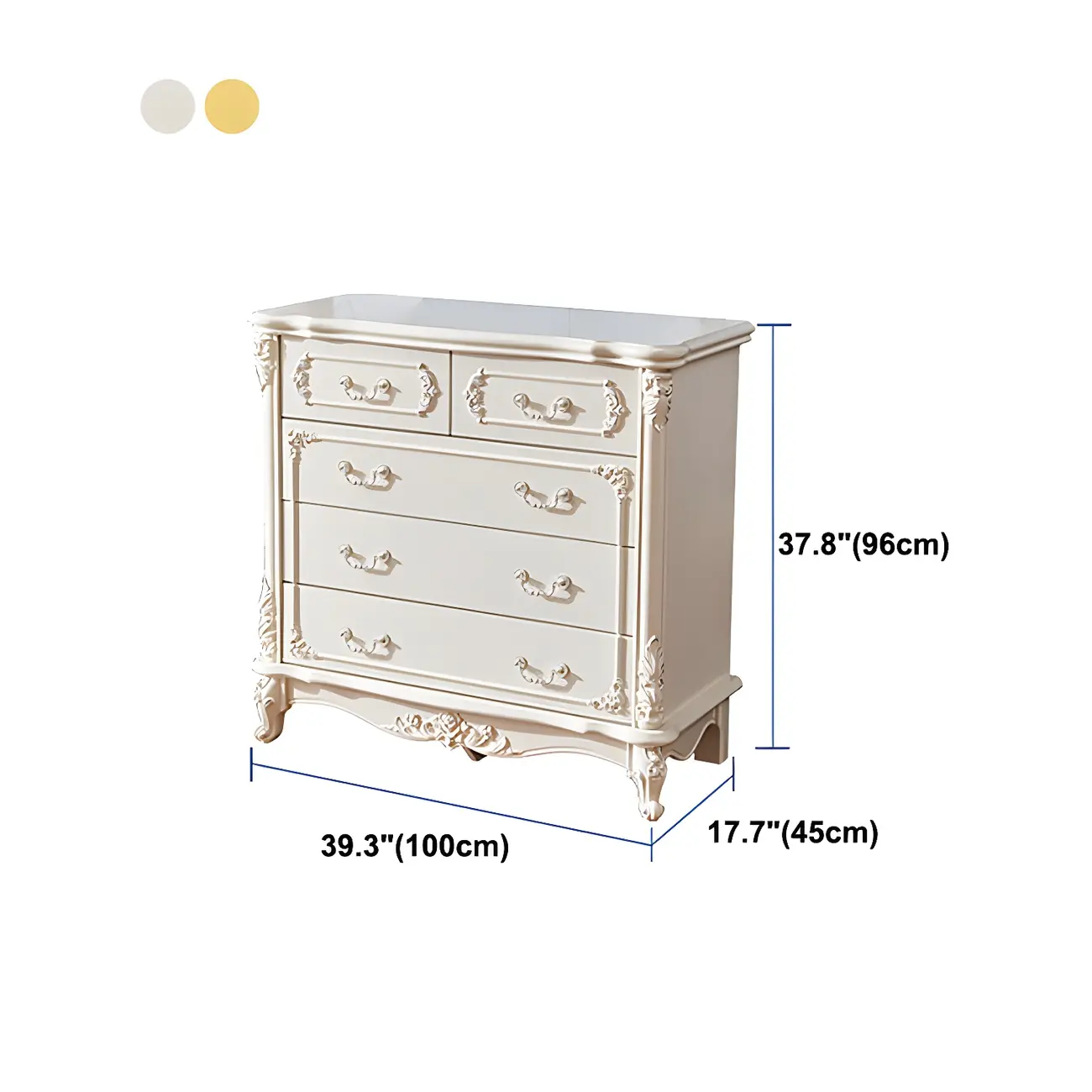 Traditional Glam 5-drawer White Wood Chest for Bedroom #size