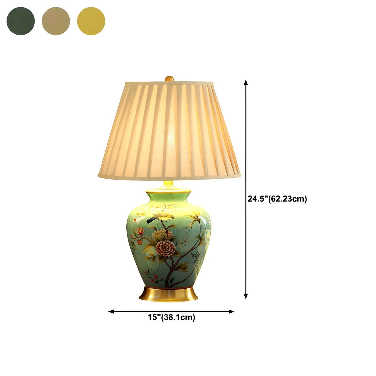 Traditional Light Yellow Fabric Shade Floral Ceramic Table Lamp #size