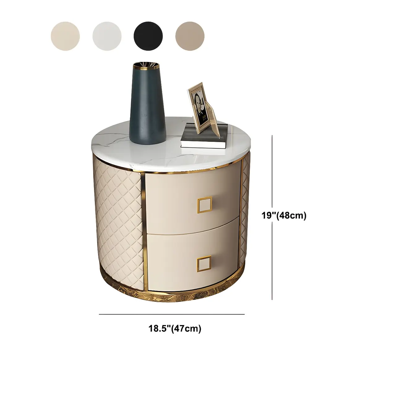 Glam Round Leather Nightstand with Marble Countertop 2 Drawers #size