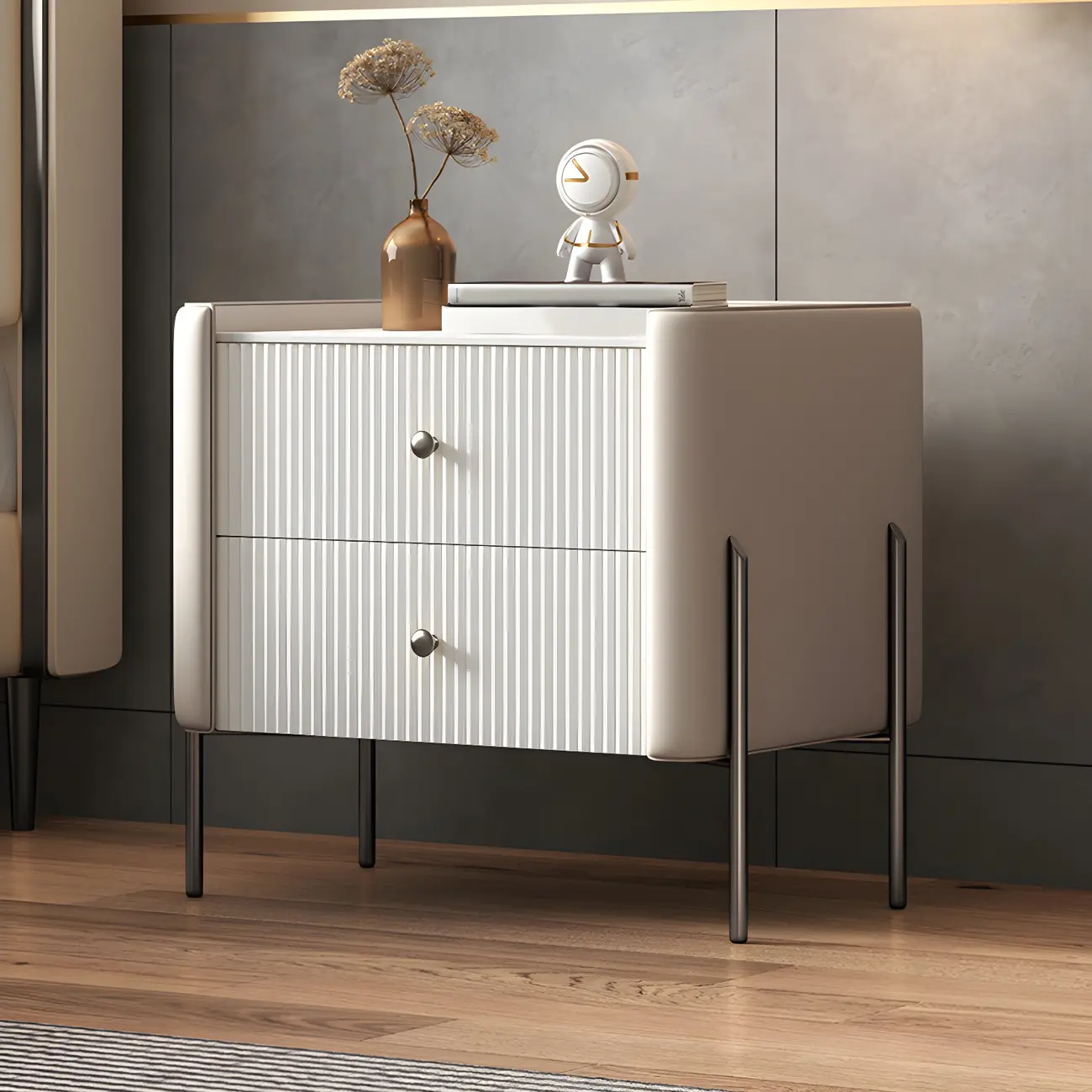 White Wood 2-Tier Drawers Storage Nightstand with Legs Image - 1 | homeyfad