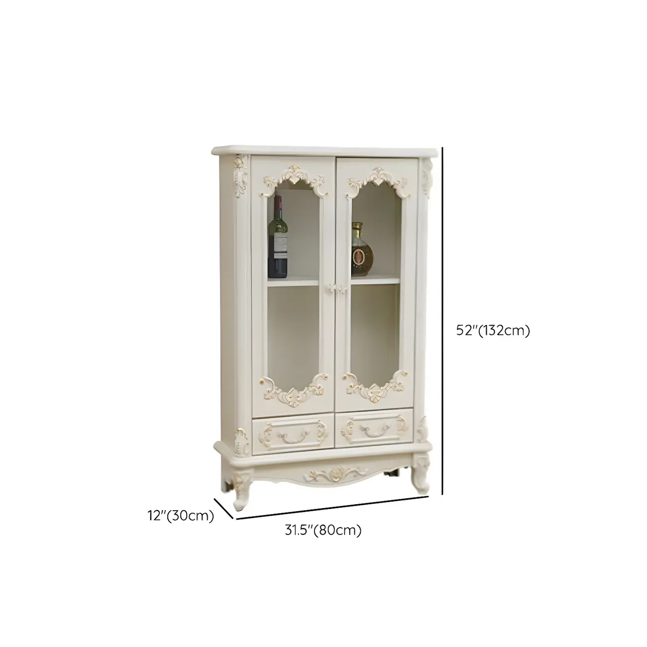 Vintage White Wooden Display Cabinet with Glass Doors #size
