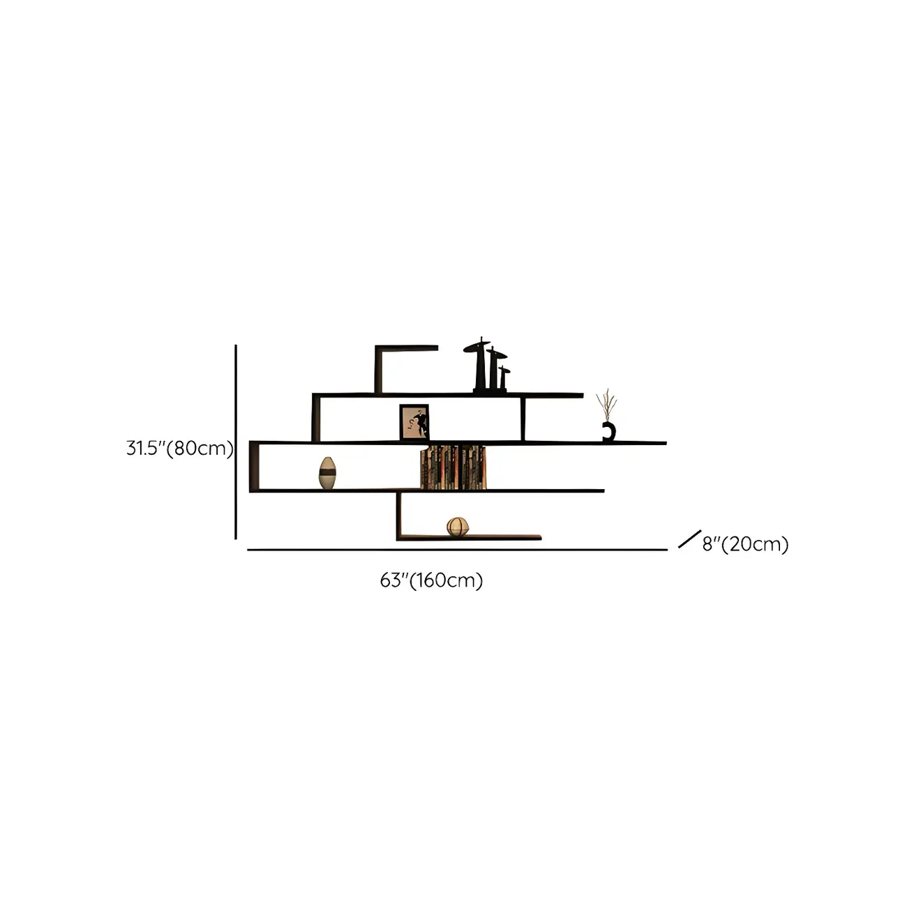 Minimalist Black Wood Geometric Wall-mounted Bookshelf #size