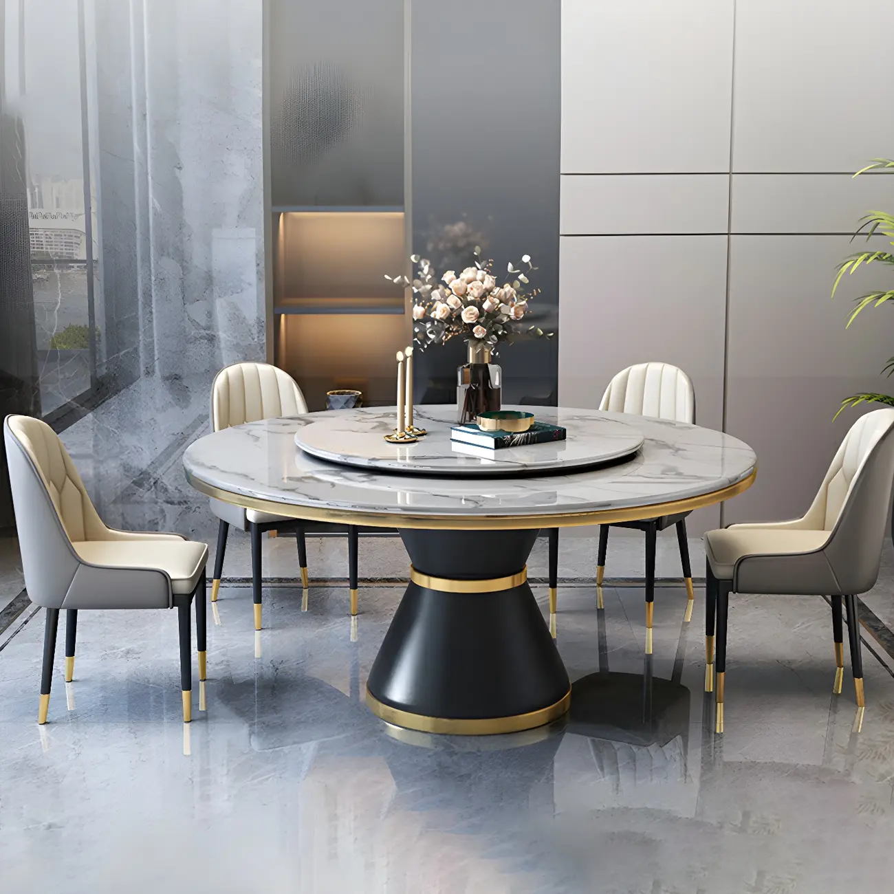 Modern Pedestal Black Marble Round Dining Table Image - 1 | homeyfad