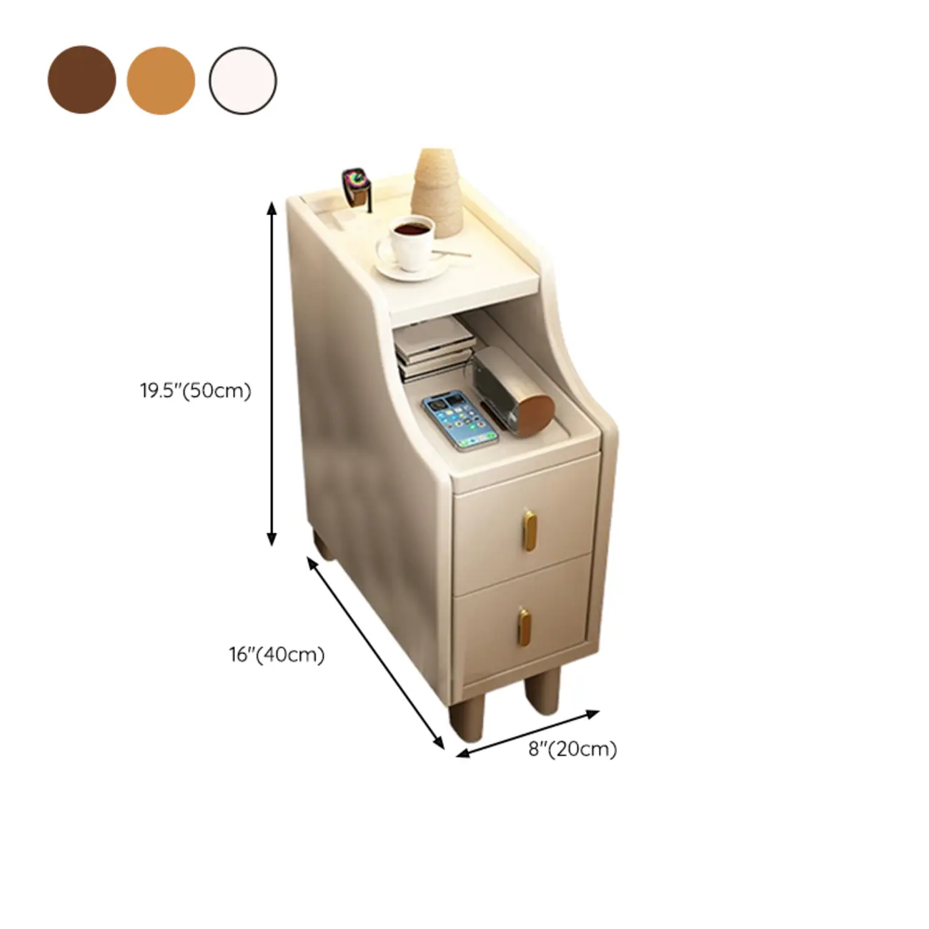 Narrow Walnut Wood Open Storage Multi-Function Nightstand #size
