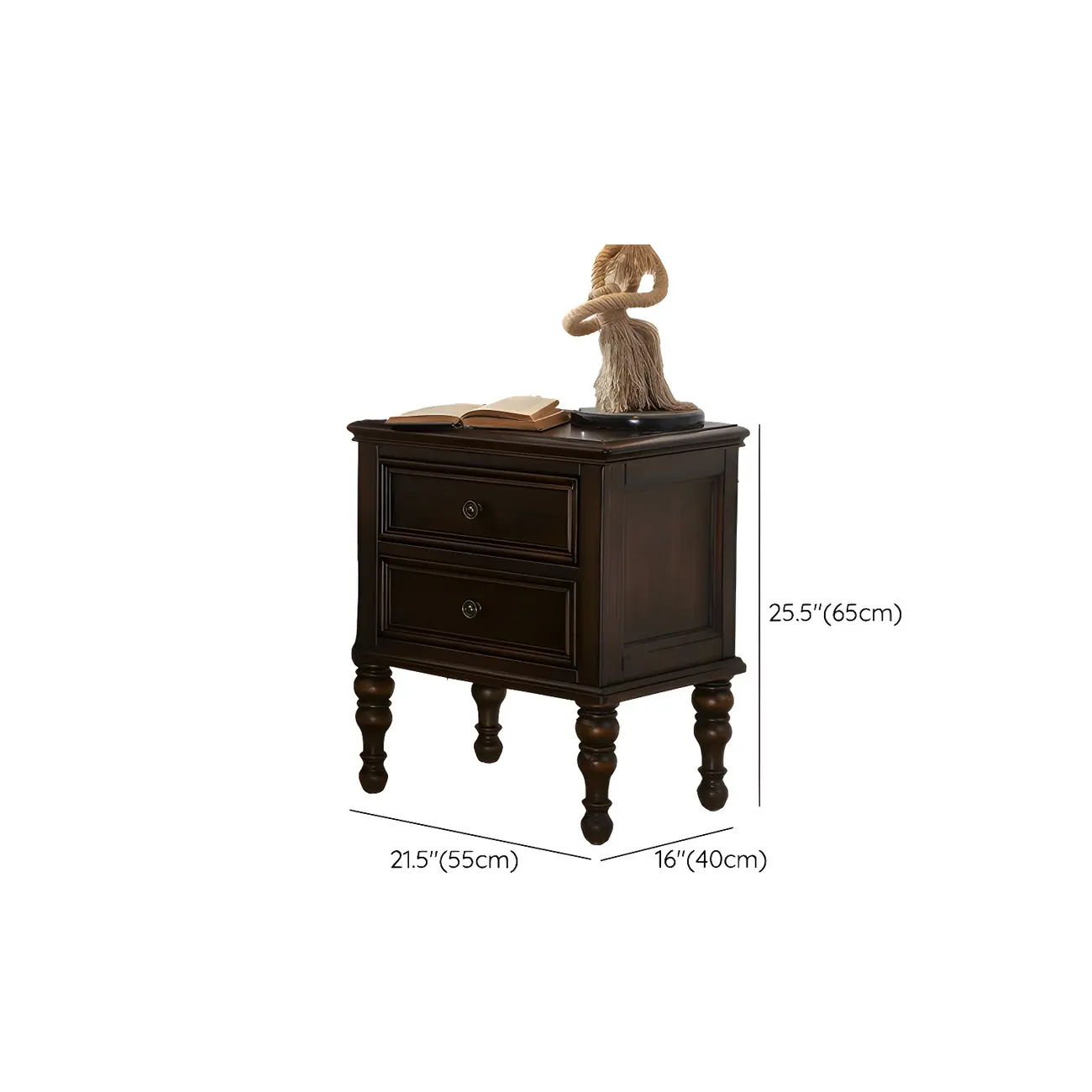 Classic Brown Espresso Wood 2-Drawer Standard Nightstand #size