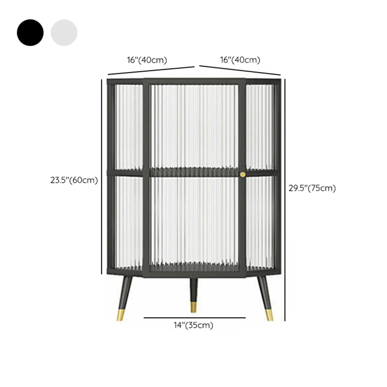 Modern Black Metal Ribbed Glass Corner Cabinet #size