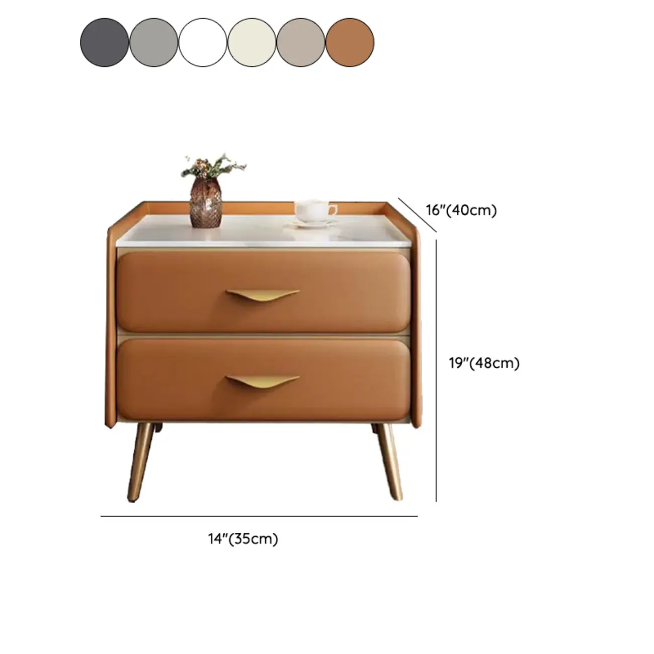 Stone Top Leather 2 Drawers Nightstand with Gold Legs & Handles #size