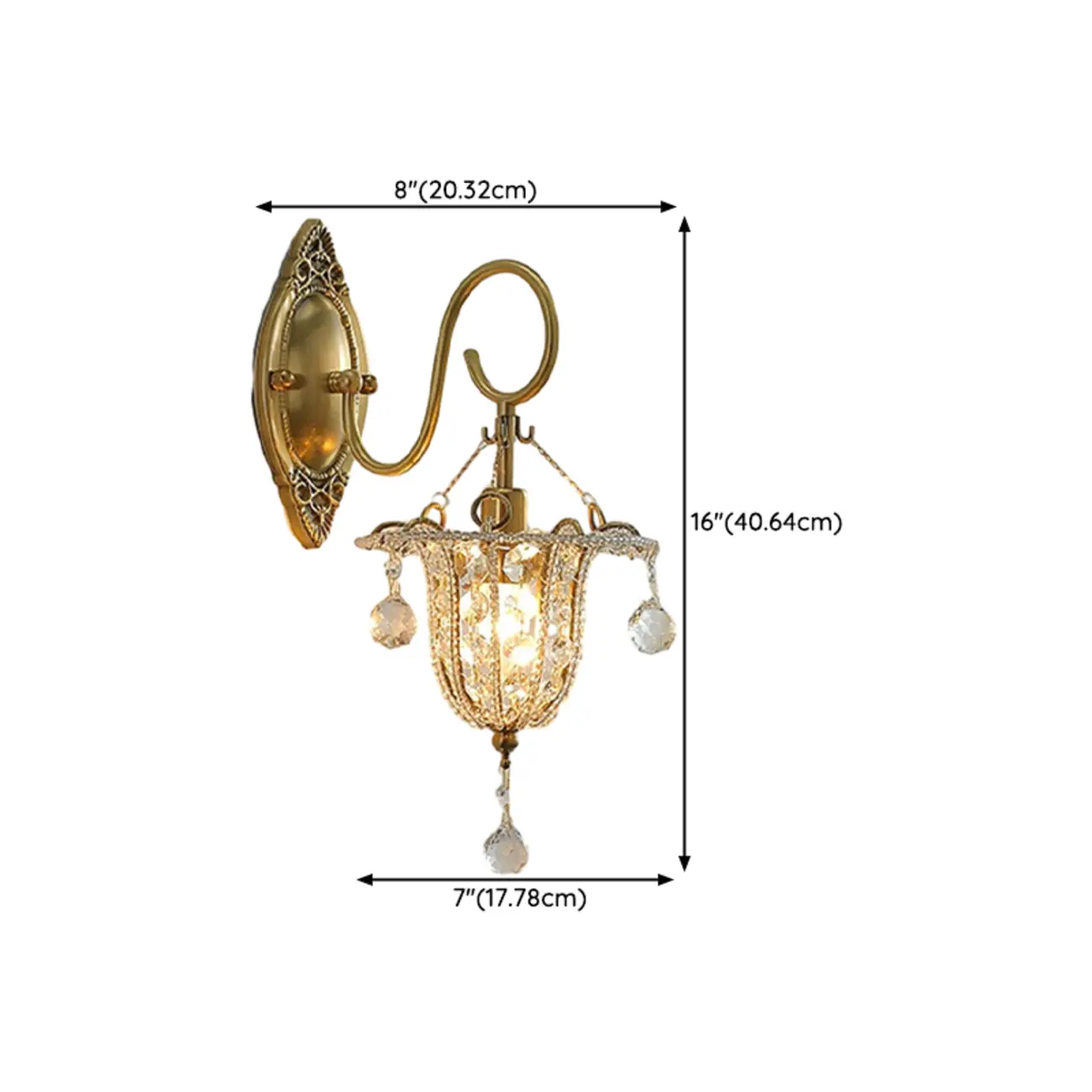 Vintage Gold Hanging Crystal Wall Sconce #size