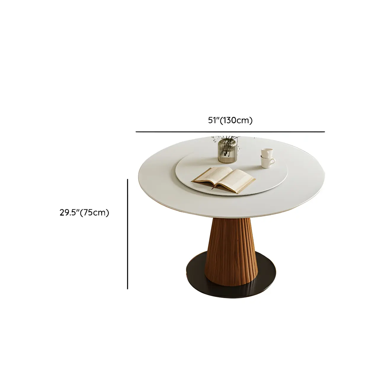 Scandinavian White Stone Brown Wood Round Dining Table Image - 25