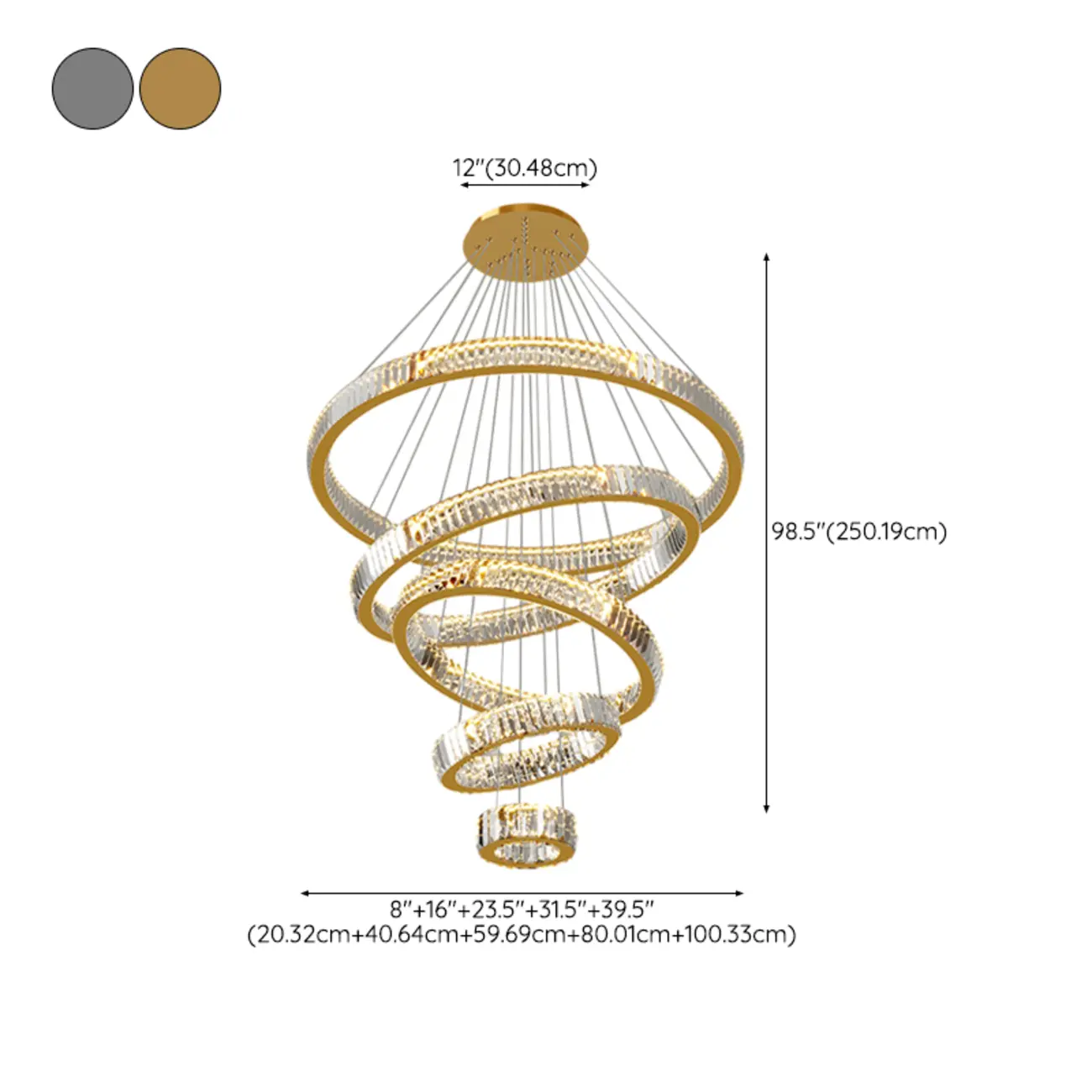 Gold Spiral Ring Crystal Tier Chandelier Modern Remote LED #size