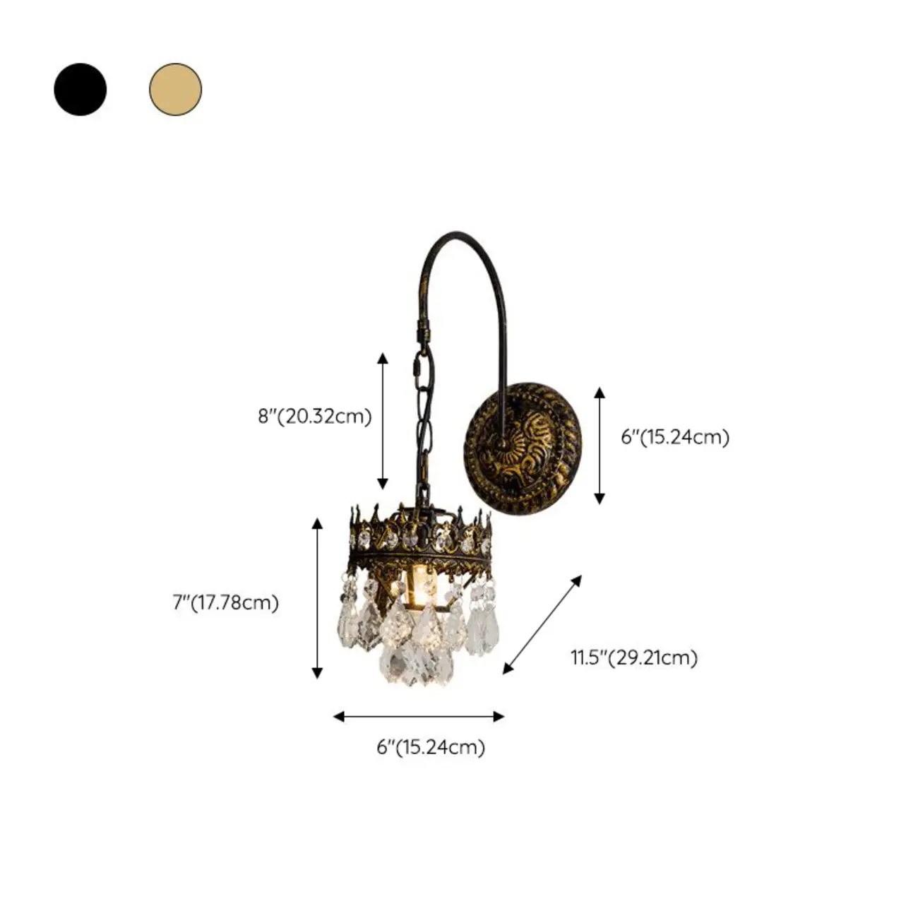 Luxurious Antique Brass Vintage Hanging Wall Lamp with Crystal #size