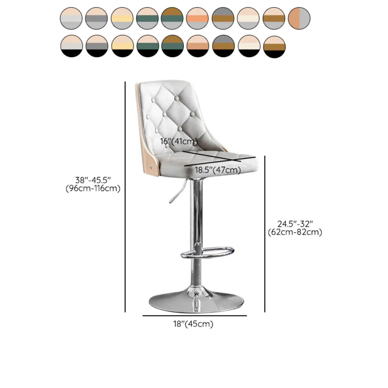 Modern Adjustable Full Back Tufted Leather Bar Stool #size