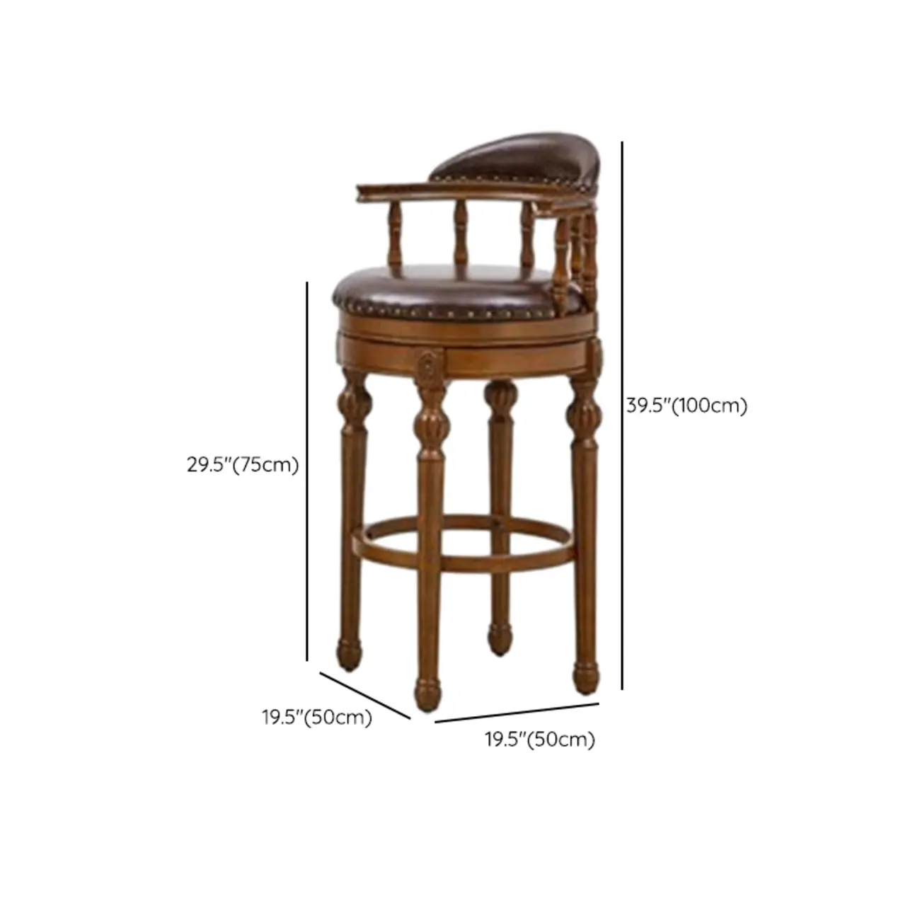 Traditional Brown Solid Wood Top-grain Leather Bar Stools Image - 27
