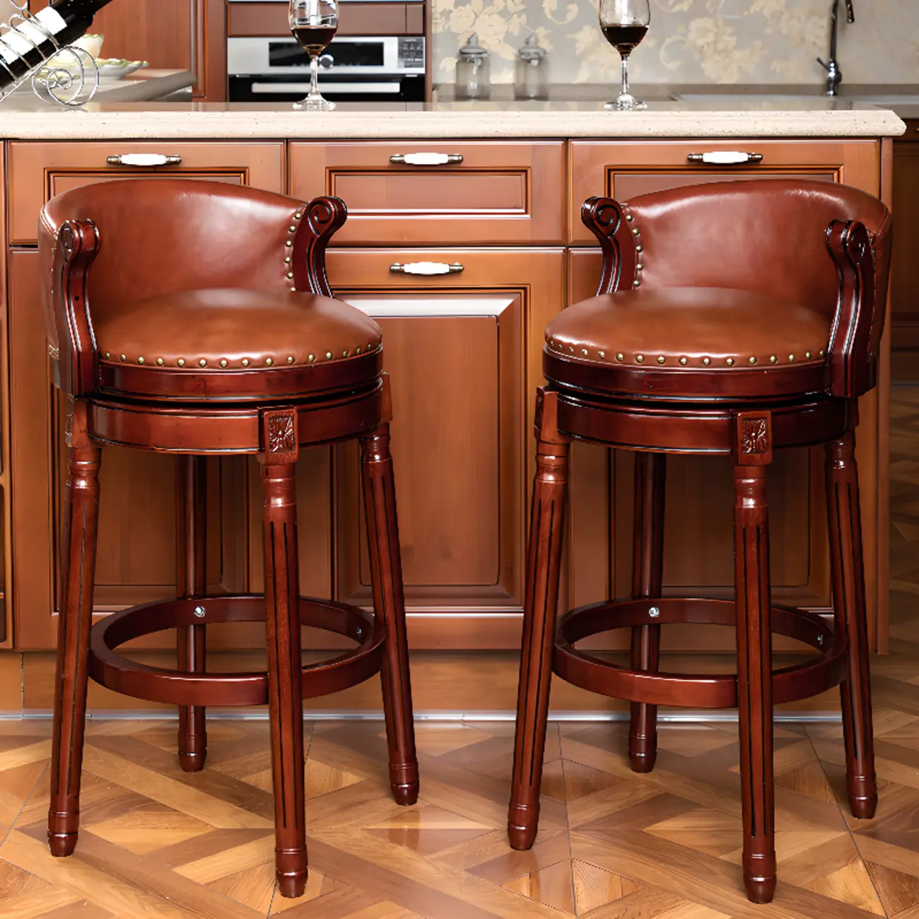 Classic Solid Wood Leather Luxurious Armless Swivel Bar Stool Image - 1 | homeyfad