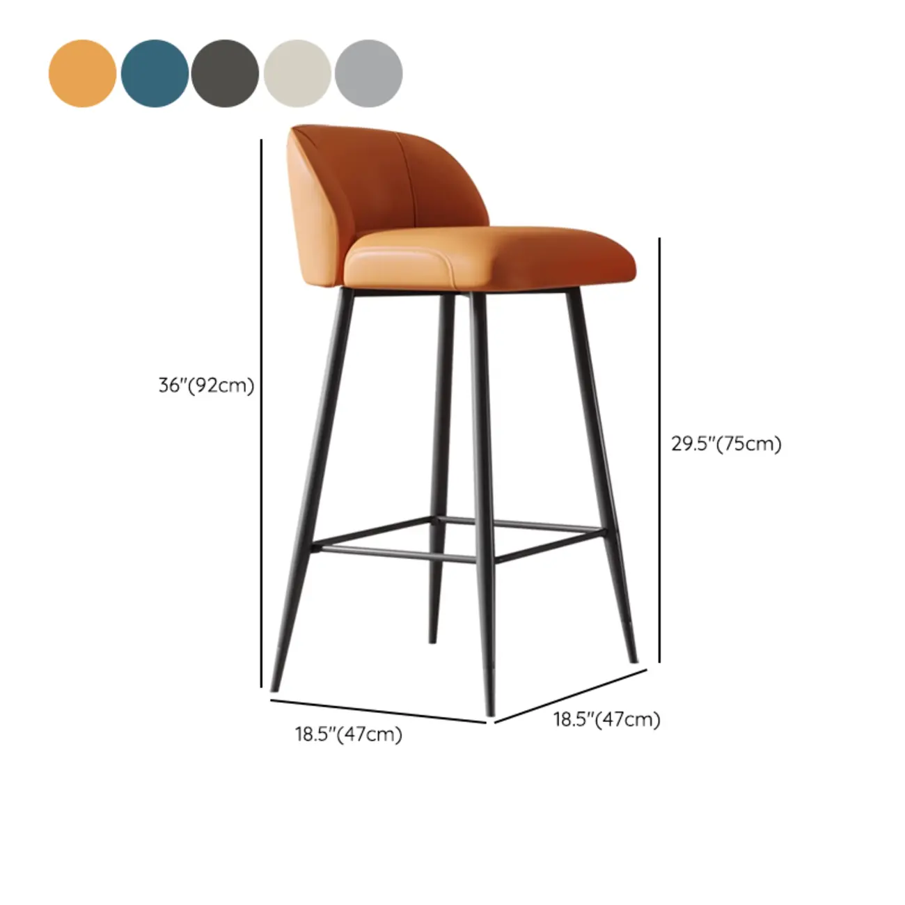 Orange Leather Footrest Low Back Upholstered Bar Stool #size
