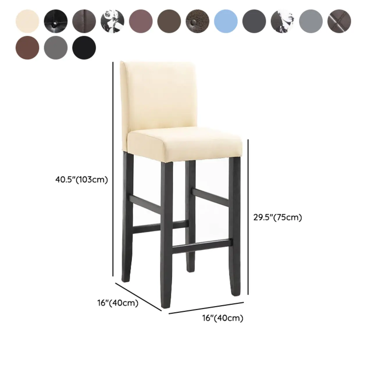 Traditional Square Espresso Wood Leather Upholstered Bar Stool #size