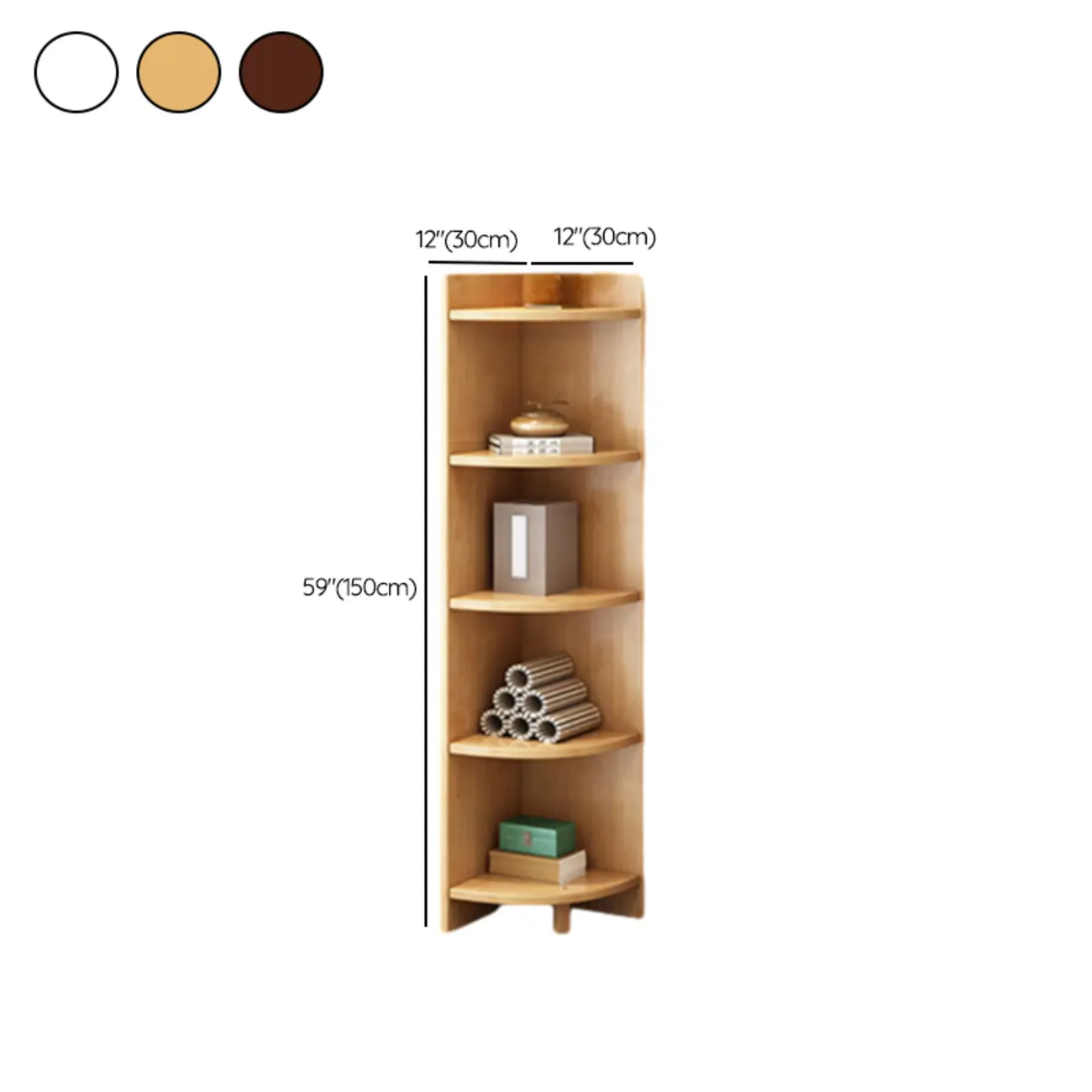 Narrow 5-Tier Natural Wood Corner Bookcase #size