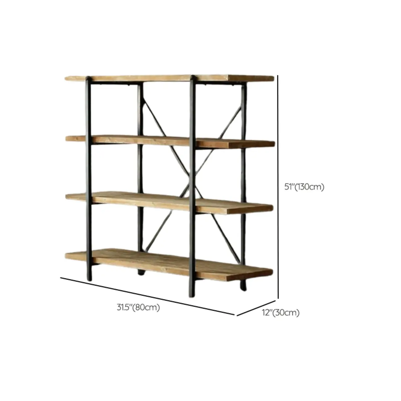 4-Tier Industrial Wooden Rectangle Open Back Bookcase #size