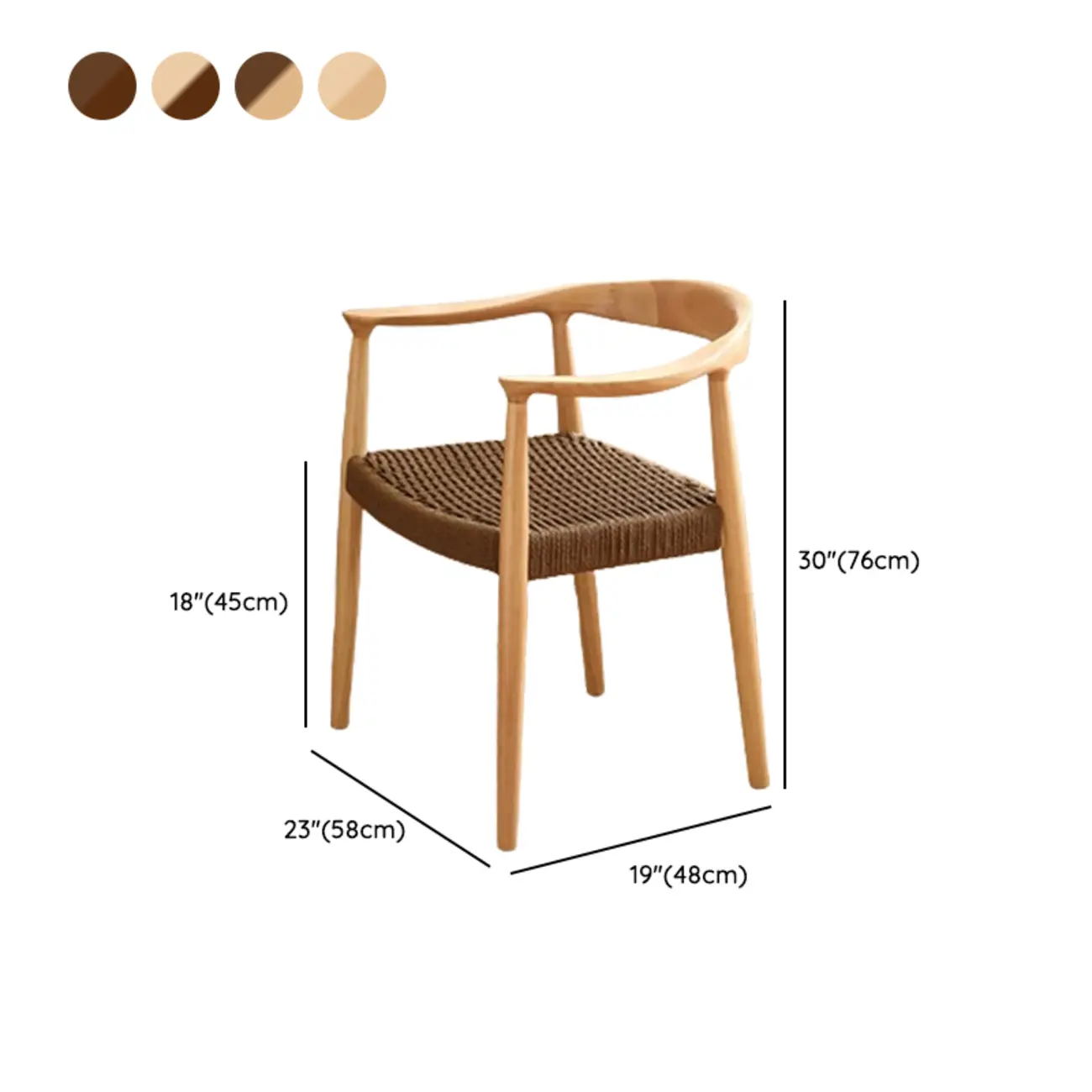 Scandinavian Curved Wood Woven Seat Armrest Dining Chair #size