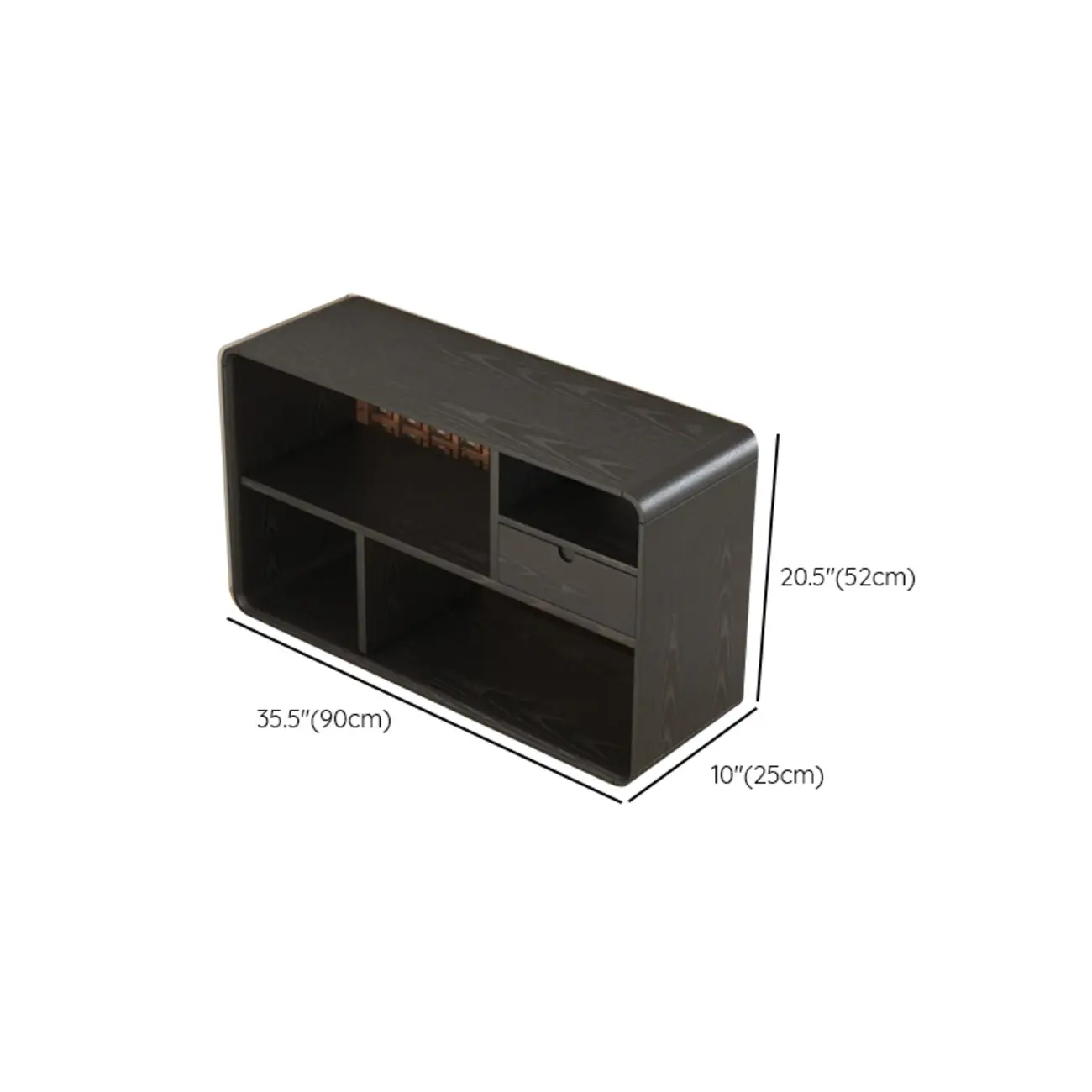 Narrow Rectangle Wooden Open Storage Black Side Table #size