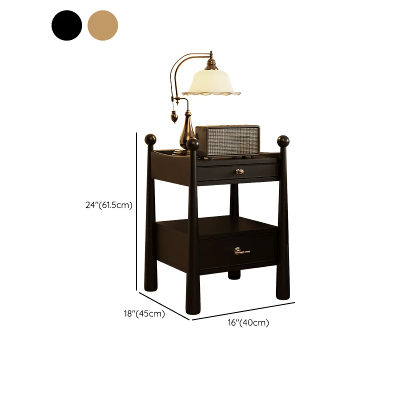 Mid-Century Modern Narrow Wood Nightstand with 2-Drawer #size