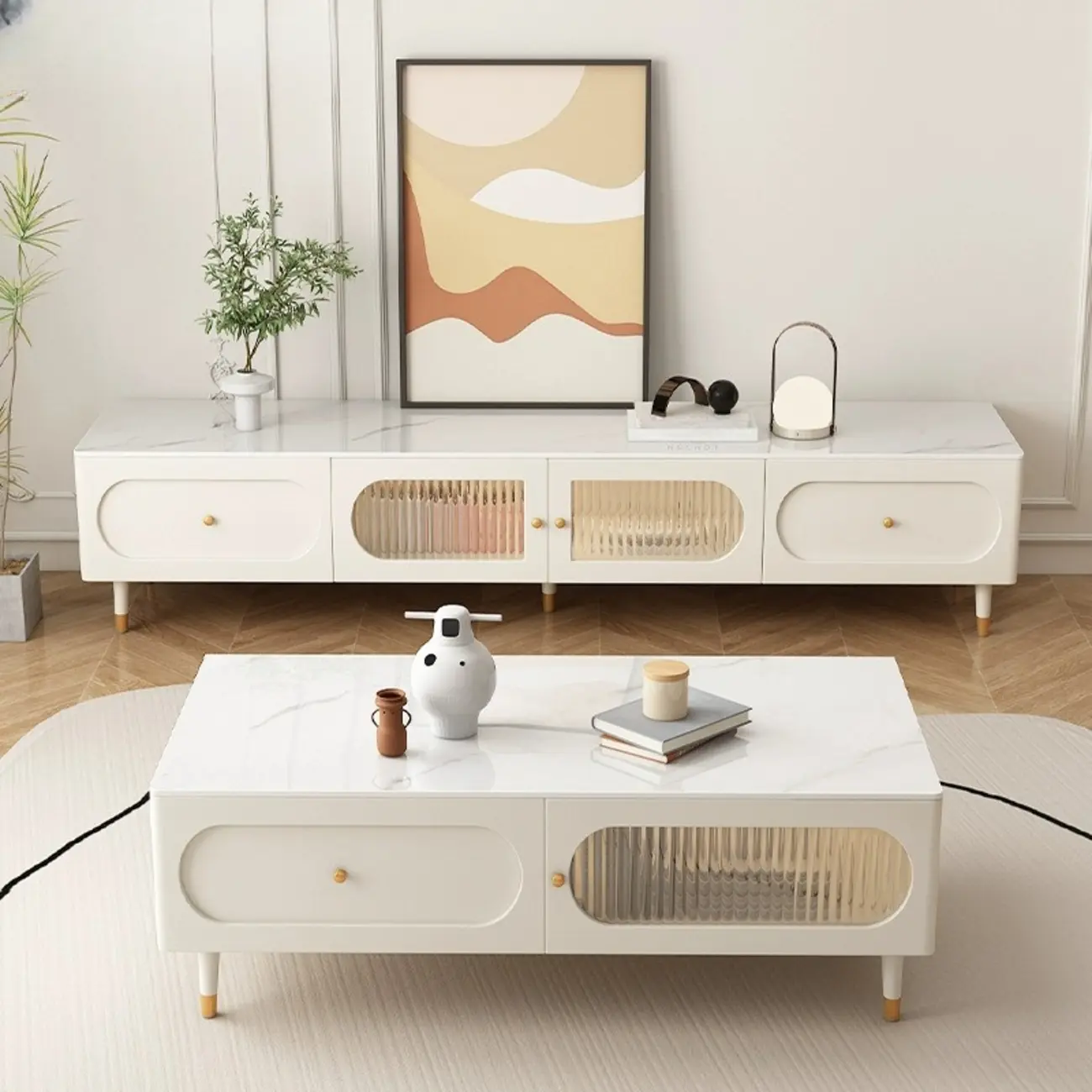  71"L Modern Rectangle Stone TV Stand with Cable Management Image - 1 | homeyfad