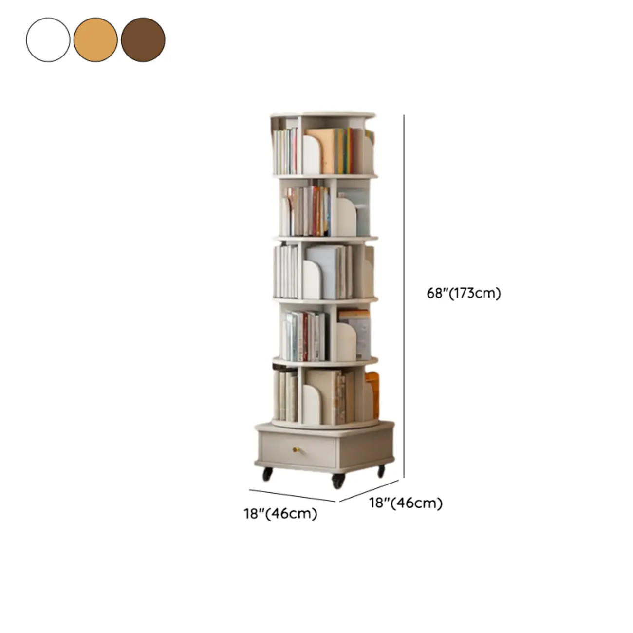 Swivel Natural Wood Modern Wheeled Bookcase With Drawer #size