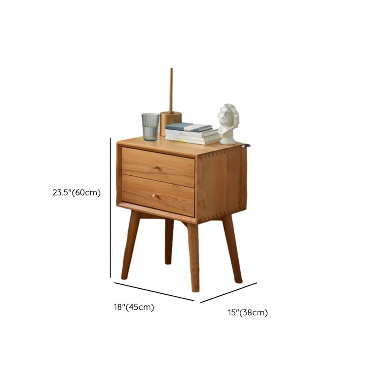 Scandinavian Narrow Cherry Wood Nightstand with Drawers #size