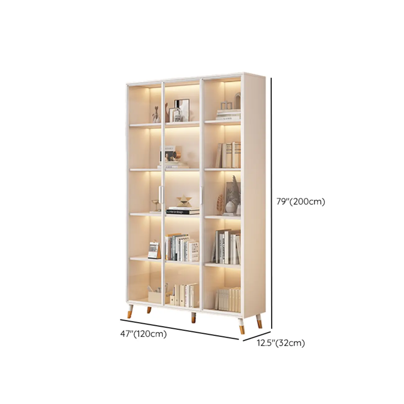 White Wooden 5 Tiers Display Cabinet with Glass Doors #size