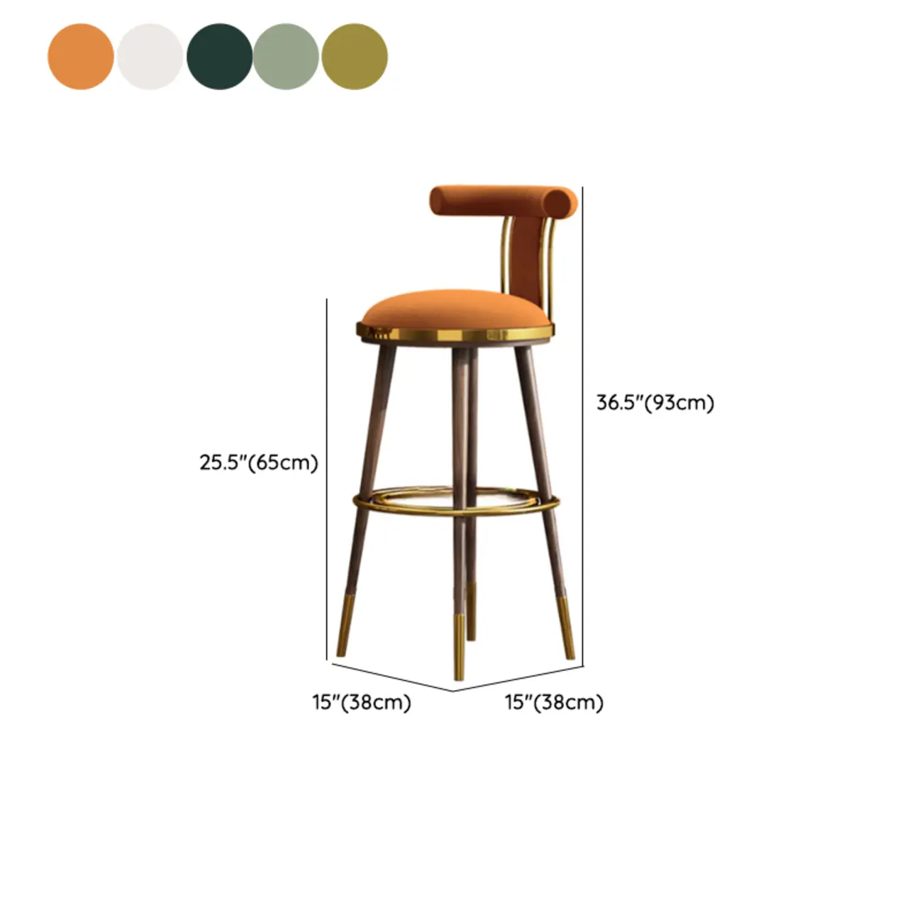 Luxury Modern Velvet Upholstered Round Bar Stools with Backrest #size