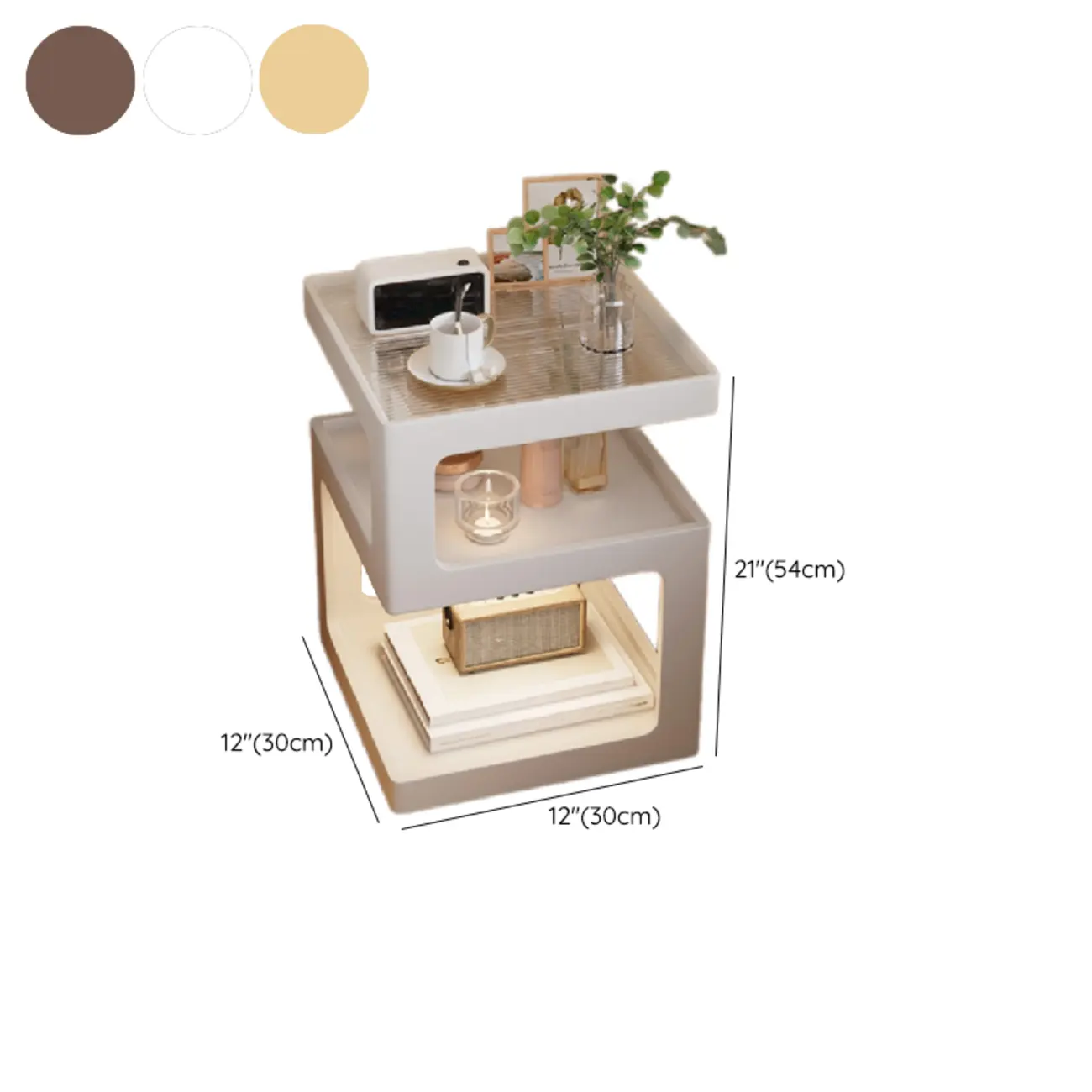 3 Tiers Square Wood Glass Top Open Storage Nightstand #size