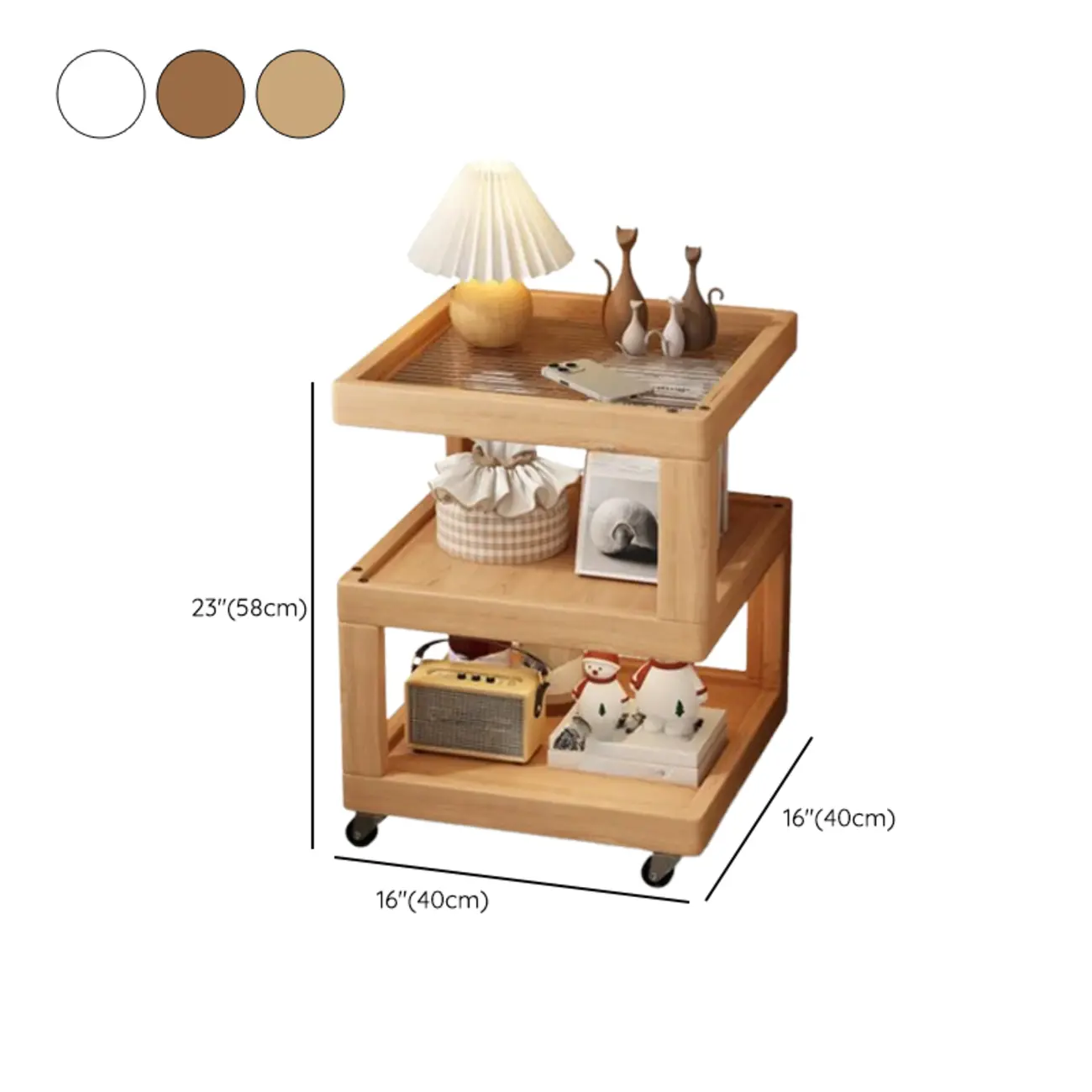 3-Tier Wood Walnut Storage Side Table with Wheels #size